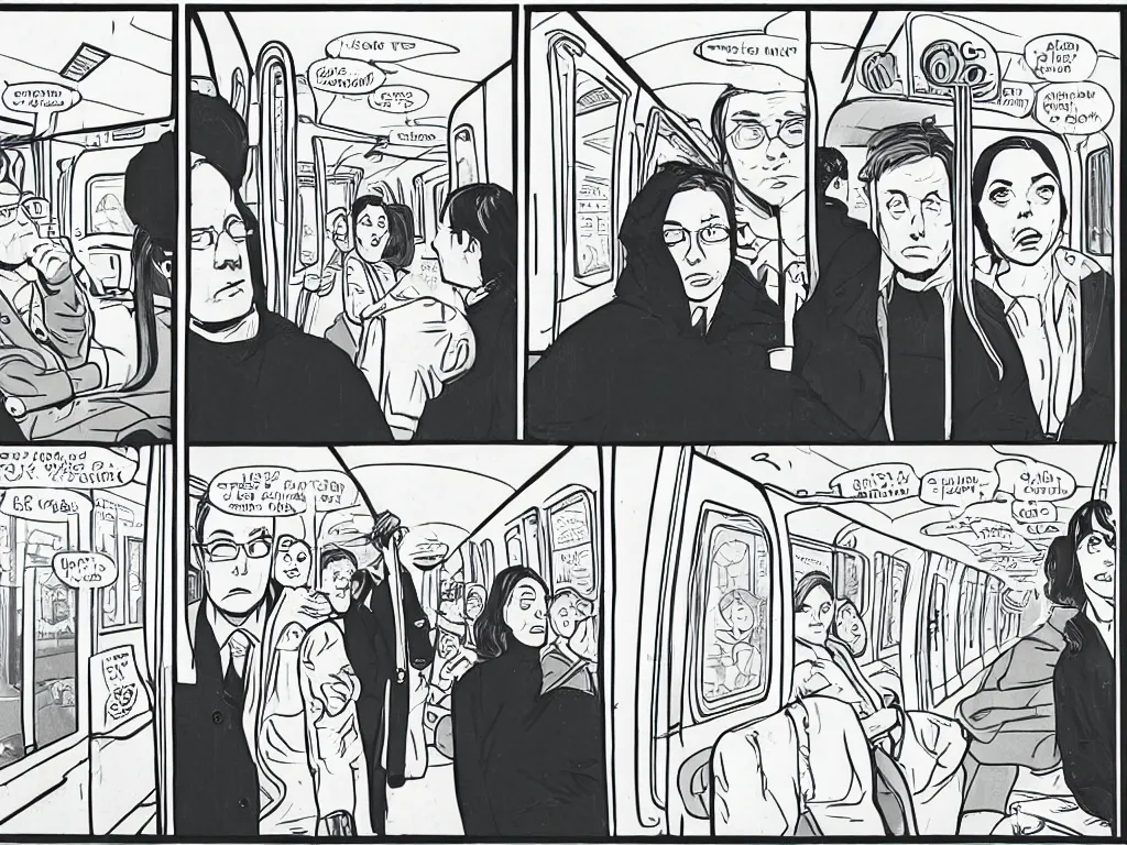 Image similar to a single comic panel by Daniel Clowes, 3/4 low angle view wide shot of two people sitting in an empty Chicago subway train, in front of windows: a sad Aubrey Plaza in a parka and a friendly Mads Mikkelsen in a suit