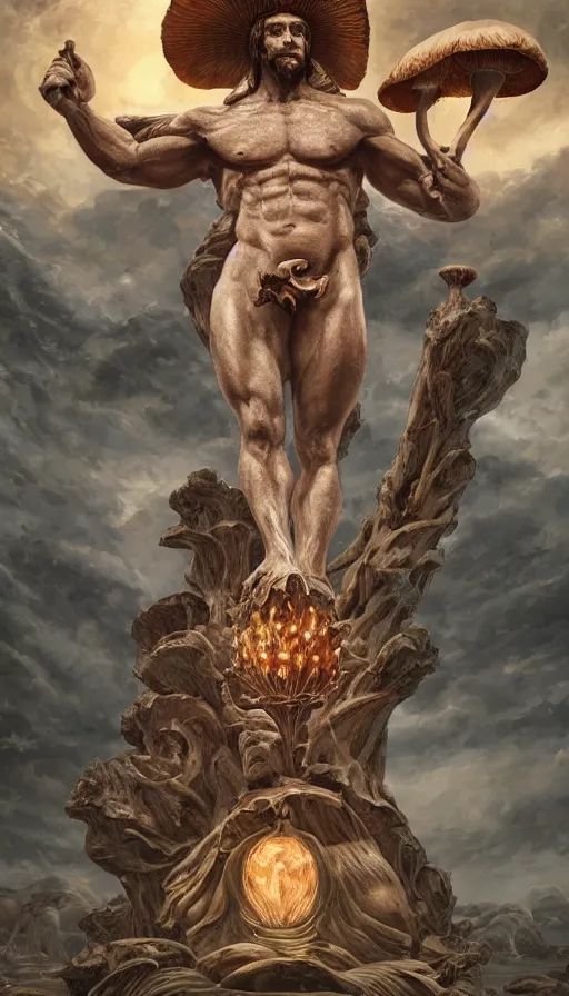 Prompt: a masterpiece hyperdetailed dnd tarot card, magnificent mushroom deity as depicted in a colossal greek marble statue ( with godlike bodybuilder physique ), hd tarot card depicting monumental statue of a mushroom god with cute large mushroom hat, hdr, 8 k, artstationhq, digital art by greg rutkowski and wayne barlowe