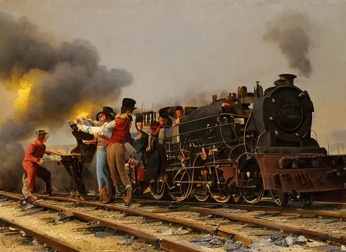 Prompt: detailed painting of railroad workers drinking wine and having fun with a steam locomotive coming right at them by ivan aivazovski