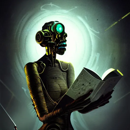 Image similar to dark scifi illustration 3 / 4 portrait of a cyborg reading necronomicon. cinematic lighting mad scientist style. golden ratio accidental renaissance. in the style of dave mckean. graffiti art, scifi, fantasy, hyper detailed. octane render. concept art. trending on artstation