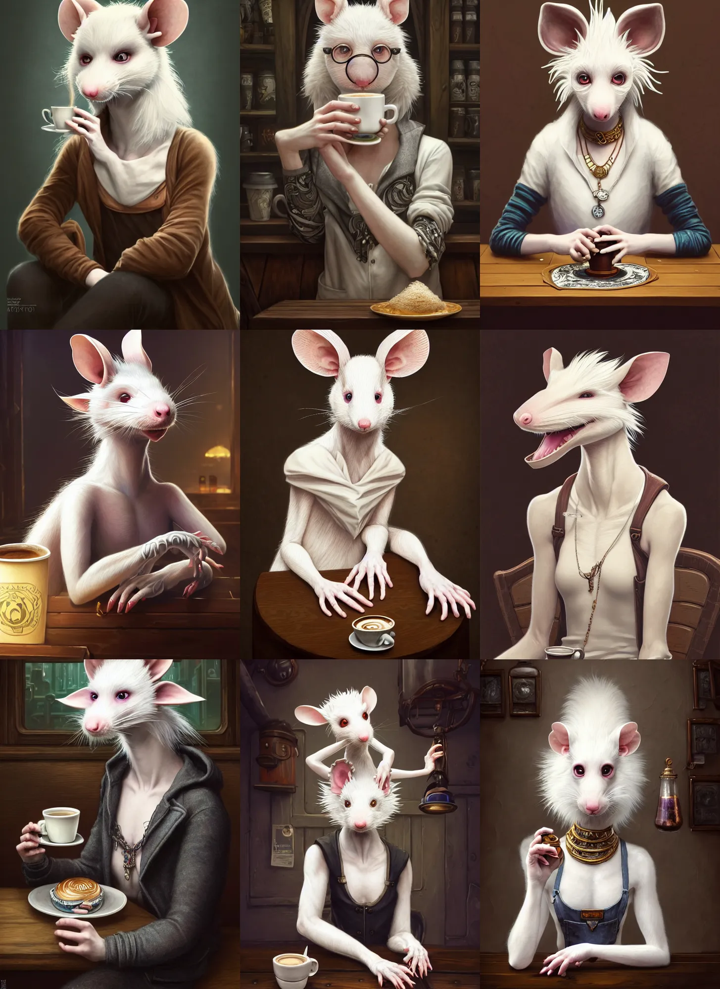 Prompt: photograph of a female anthropomorphic albino rat fursona wearing hipster clothes sitting in a coffee shop, deep focus, intricate, elegant, highly detailed, digital painting, artstation, concept art, matte, sharp focus, illustration, d & d, fantasy, hearthstone, art by artgerm and greg rutkowski and alphonse mucha