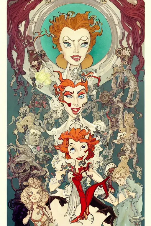 Prompt: portrait of crazy mad lady scientist, cruella devil, merida, olivier armstrong, elsa, elastigirl, vanellope von schweetz, flame princess, stylized illustration by peter mohrbacher, moebius, mucha, victo ngai, colorful comics style, clean line