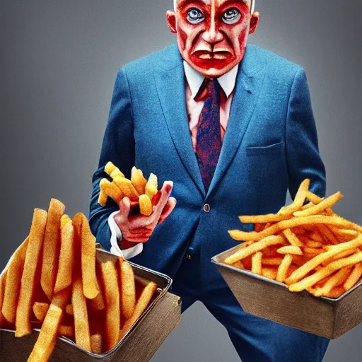 Image similar to a politician in a blue suit and red tie in an electric chair, mcdonalds french fries, beksinski, dariusz zawadzki, symmetrical, very coherent symmetrical artwork, cinematic, hyper realism, high detail, octane render, 8 k