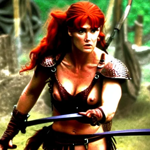 Image similar to jennifer connelly as red sonja, battle scene