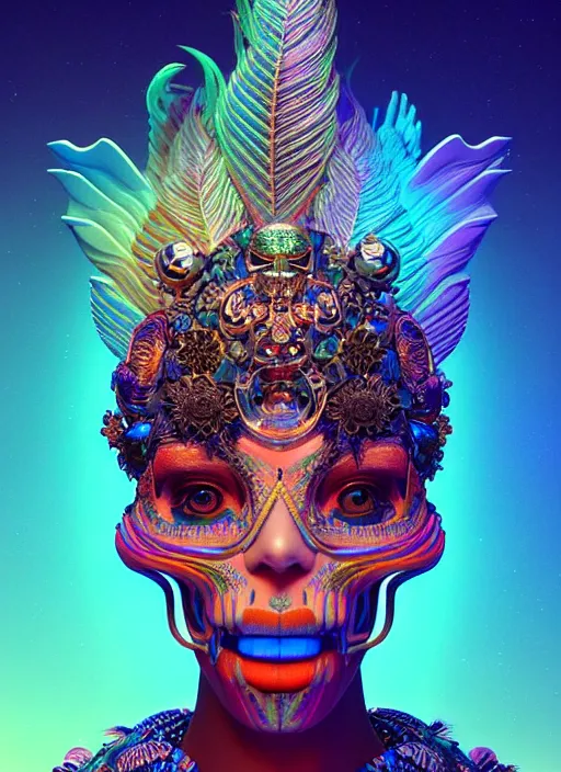 Image similar to 3 d goddess portrait, 8 k micro details global illumiantion beautiful intricate highly detailed quetzalcoatl skull and feathers. bioluminescent, fire, snow, water, wind, creature, thunderstorm! artwork by tooth wu and wlop and beeple and greg rutkowski, trending on artstation,