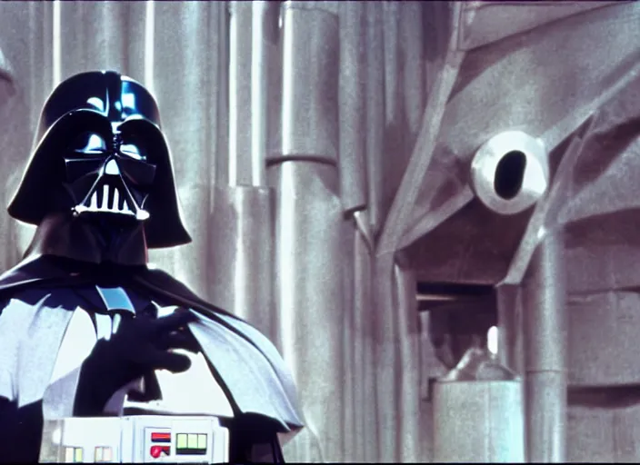 Prompt: film still of Darthvader in Willy Wonka's and the Chocolate Factory 1971