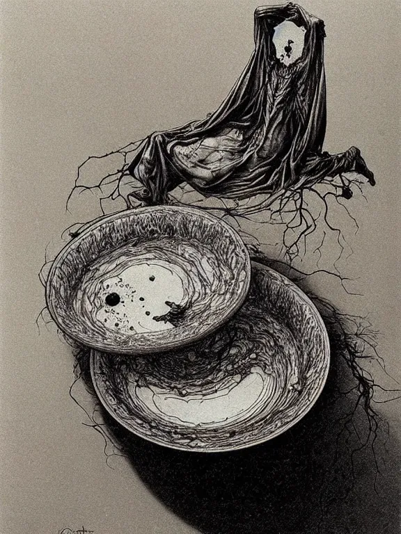 Image similar to aspic on plate, product shot, art by beksinski, bernie wrightson, trending on artstation, optical illusion, horror film, creepypasta