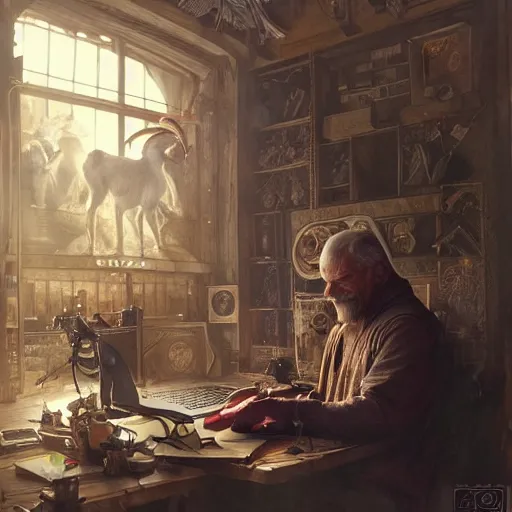 Prompt: a wicked old Goat, surrounded by Computers, D&D, fantasy, intricate, cinematic lighting, highly detailed, digital painting, artstation, concept art, smooth, sharp focus, illustration, art by Artgerm and Greg Rutkowski and Alphonse Mucha