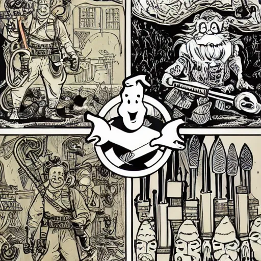 Prompt: collage of ghostbusters tools, dnd, high detail, fantasy, in the style of vintage antique illustration and line drawing or engraving - c 9. 0