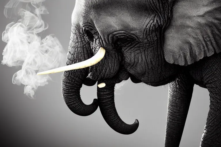 Image similar to ultra realistic photography, picture of ( subject : an elephant blowing smoke ). the scene is set in a gentlemens cigar lounge, a very smokey atmosphere, small thick clouds of cigar smoke, artstation, focus on the elephant, anatomically correct elephant features, extremely detailed and crisply sharp photo, hyperrealistic smoke, figma, sigma, 4 k