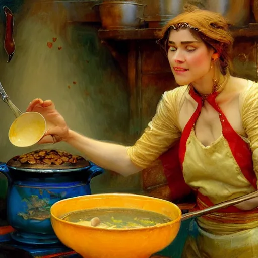 Image similar to stunning female master wizard cooking magical soup with a huge pot, highly detailed painting by gaston bussiere, craig mullins, j. c. leyendecker, 8 k