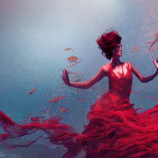 Image similar to manshaped swirling smoke beside woman dancing underwater wearing a flowing red dress made of seaweed, large school of tiny silver fish in the background, octane render, caustics lighting from sunlight above, cinematic