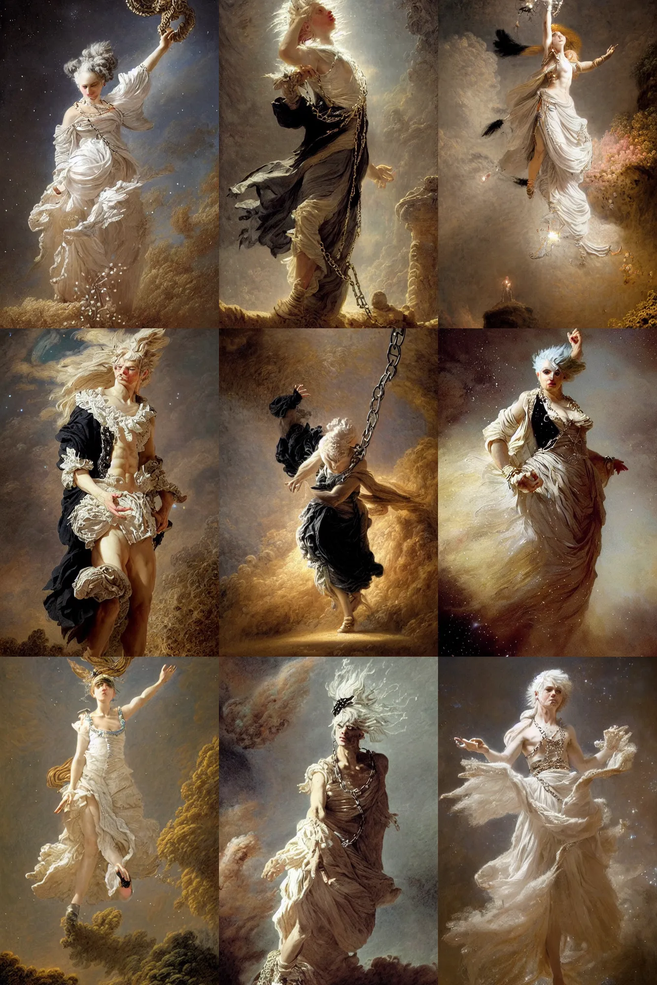 Prompt: briareus with light white hair and a black vest, windy, chains on hands, stars, stoic, modern maximalist fashion dress, is ( ( with arms half lifted toward us ) ). light dust, magnificent, hyperdetailed, theatrical, painted by jean honore fragonard and greg rutkowski