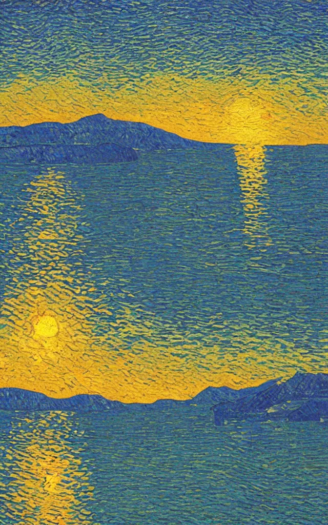 Prompt: sunset on a lake by a mountain. cubes and tesseracts. retro art by jean giraud and van gogh.