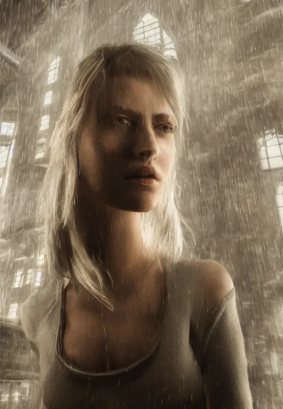 Prompt: cute model annie leonhart posing in dunwall city building roof, beautiful face, detailed face, realistic eyes, cinematic lighting, rainy weather, melancholy atmosphere, volumetric light, gothic architecture, realistic reflections, model agency, instagram photo, depression atmosphere, shot on sony camera, beauty filter, postprocessing