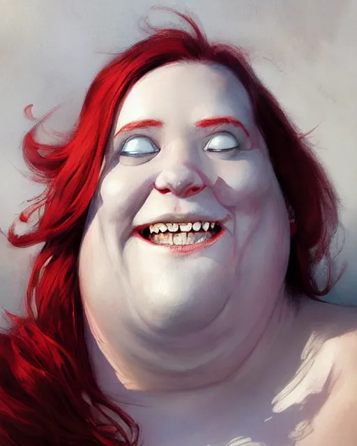 Image similar to laughing white extremely fat blob humanoid, with red hair | | realistic shaded, fine details, realistic shaded lighting poster by greg rutkowski, magali villeneuve, artgerm, jeremy lipkin and michael garmash and rob rey