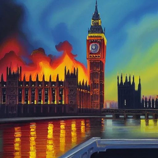 Image similar to detailed, soft, dynamic painting of the Big Ben in flames, burning, arson, professional painting, at dusk