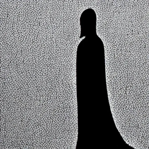 Prompt: The art installation shows a the large, black-clad figure of the king looming over a small, defenseless figure huddled at his feet. The king's face is hidden in shadow, but his menacing stance and the large, sharp claws on his hands make it clear that he is a dangerous and powerful creature. pointillism by Emma Geary, by Yves Tanguay subtle, fine