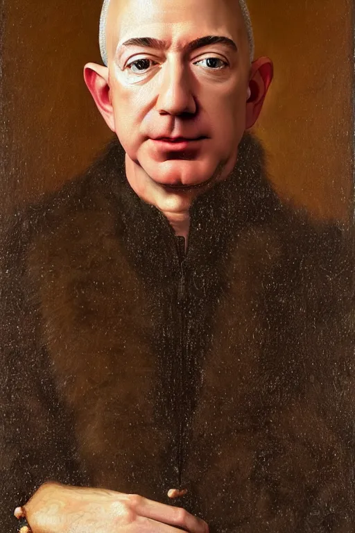 Image similar to portrait of jeff bezos!!! oil painting by jan van eyck, northern renaissance art, oil on canvas, wet - on - wet technique, realistic, expressive emotions, intricate textures, illusionistic detail