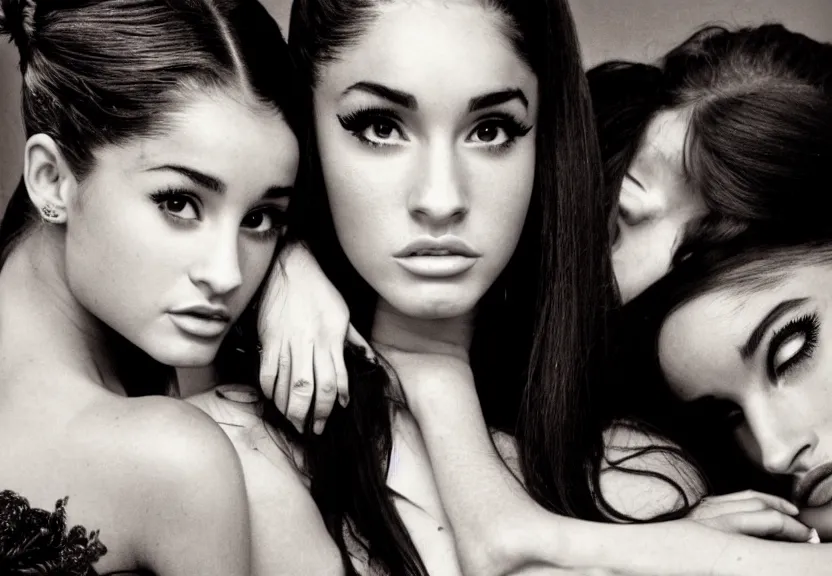 Image similar to award winning photo of Ariana Grande with Megan Fox, symmetrical face by Sally Mann & Arnold Newman