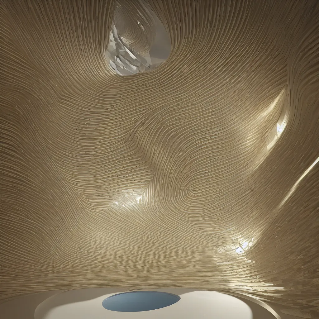 Image similar to “ an incredibly smooth curvilinear neo baroque interior architectural sculpture, a golden pool on the ground is envelope by folding white surfaces, blue light, visually satisfying architecture render ”