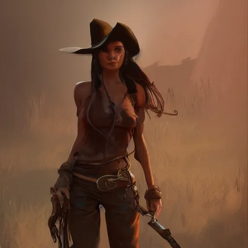 Image similar to tan woman, long dark hair, brown eyes, wild west setting, concept art, 8k, artstation, sharp composition