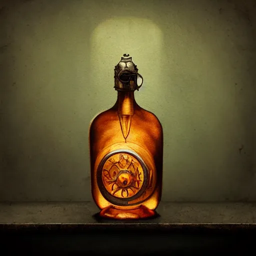 Prompt: a steampunk painting of a vintage orangy potion bottle, lit by a single ray of sunlight in a dark dusty vintage science lab, by h. r. giger, hyperrealistic fantasy art, concept matte, ethereal, dreamy, digital art, trending on artstation, volumetric cinematic lighting