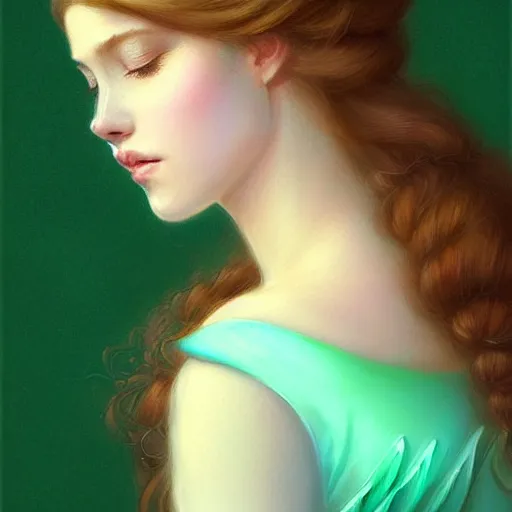 Image similar to Portrait of dreamy and ethereal women with light green eyes wearing mint green ornate frilly dress, peaceful expression, fantasy, intricate, elegant, beautiful, digital art, beautiful dynamic lighting, golden ratio, highly detailed, digital painting, trending on artstation, concept art, smooth, sharp focus, illustration, photo realistic, art by artgerm and greg rutkowski and alphonse mucha 8K