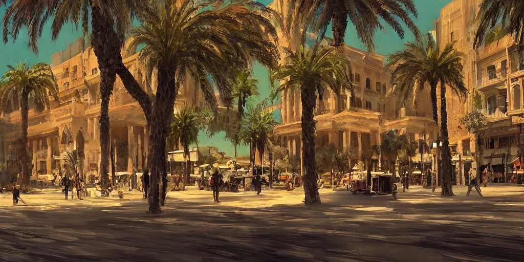 Prompt: khedival opera house, talaat Harb Square cairo, epic wide shot, beautiful clouds, painterly concept art by pixar, dappled afternoon sunlight, acacia trees, date palm trees, shrubs, flowers, artstation