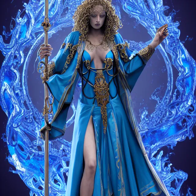 Image similar to elemental water witch in ornate blue robes and staff, highly detailed, 8 k, hdr,, clayton crain