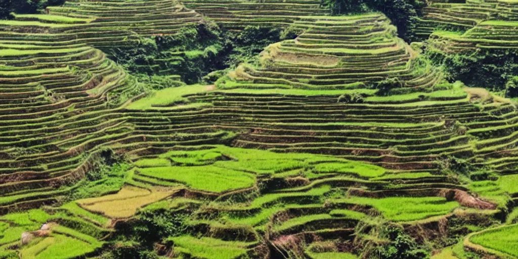 Image similar to a photo of Ifugao rice terraces in the Philippines with futuristic and modern farming equipment and alien structures