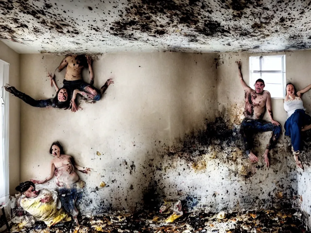 Prompt: a photograph of a man and a woman in a disgustingly filthy vomit filled apartment, submerged in vomit, they are mouldy and obviously intoxicated. they have merged with the walls and ceiling, levitating above a cloud of nebulous dogs