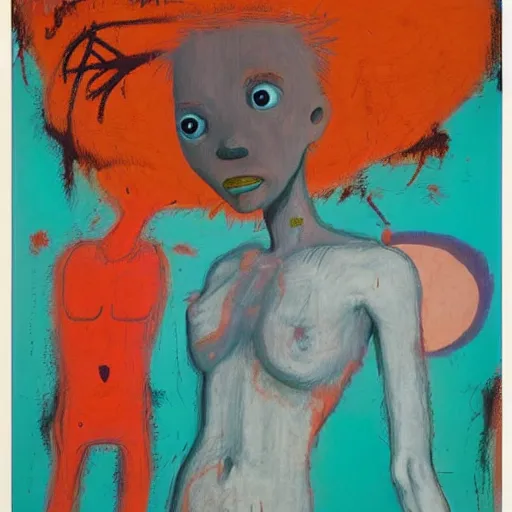 Image similar to cute anime girl, by Jean-Michel Basquiat by Jean-Claude Dubuffet, by bosch, by ernst, by beksinski