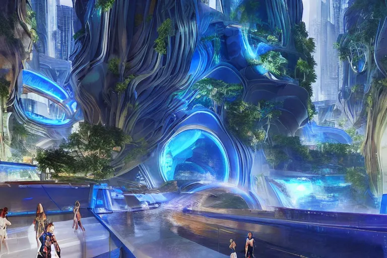 Image similar to futuristic cyberpunk city with Singaporean lush garden with royal blue and green and white and!dream Celestial majestic futuristic other worldly realm with Singaporean royal gold lush volcano, set on Antelope Canyon with royal blue thermal waters flowing down white travertine terraces, relaxing, ethereal and dreamy, visually stunning, painted by Leonardo da Vinci and WLOP, octane render, scifi luxurious gold colors, advanced civilization, high-end street Antelope canyon, rocks formed by water erosion, walls made of beautiful smooth sandstone light beams that shine, polish narrow slots of walls into a striated swirling finish, digital painting, concept art, smooth, sharp focus, from Star Trek 2021, illustration, by WLOP and Ruan Jia and Mandy Jurgens and William-Adolphe Bouguereau, Artgerm