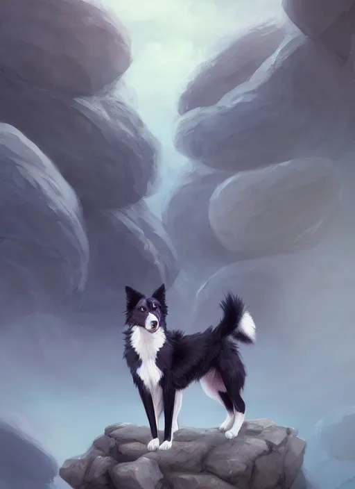 Image similar to wide angle beautiful full body portrait of a cute male anthropomorphic anthro border collie fursona wearing a jumpsuit on basalt columns, character design by charlie bowater, henry asencio, and ross tran, disney, scenic background, detailed, glamor pose, aesthetic, trending on artstation, furaffinity, deviantart