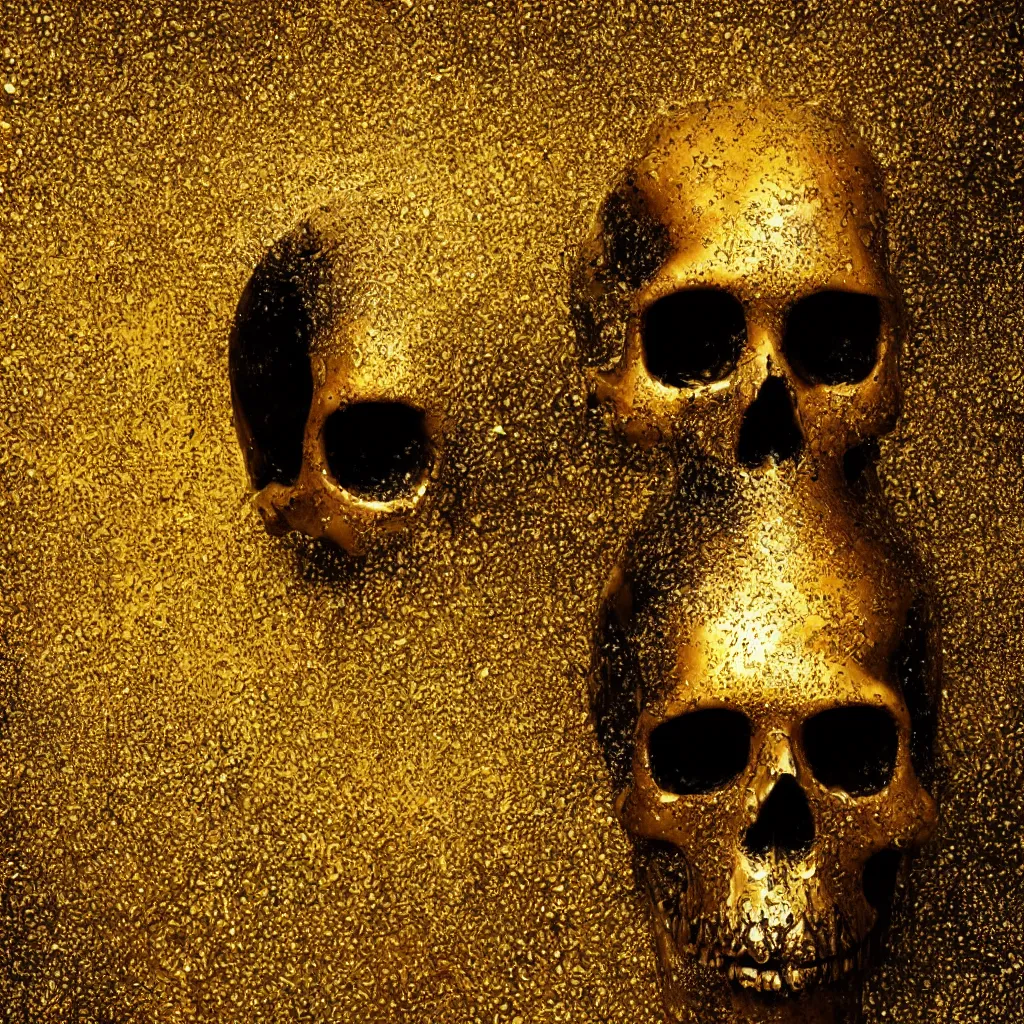 Prompt: black skull covered in thick dripping golden honey, white backdrop, professional studio product photography, HD render, octane render, VRAY, 8K, 4K