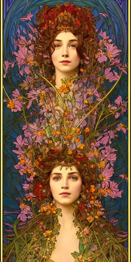 Image similar to a portrait painting of a singular beautiful female godess of spring, colorful flowers, holy geometry, tarot card style, by Mohrbacher and Moebius and Alphonse Mucha and Roger Deakins, cinematic lighting, masterpiece, golden ratio background, highly detailed, 8k resolution, trending on art station