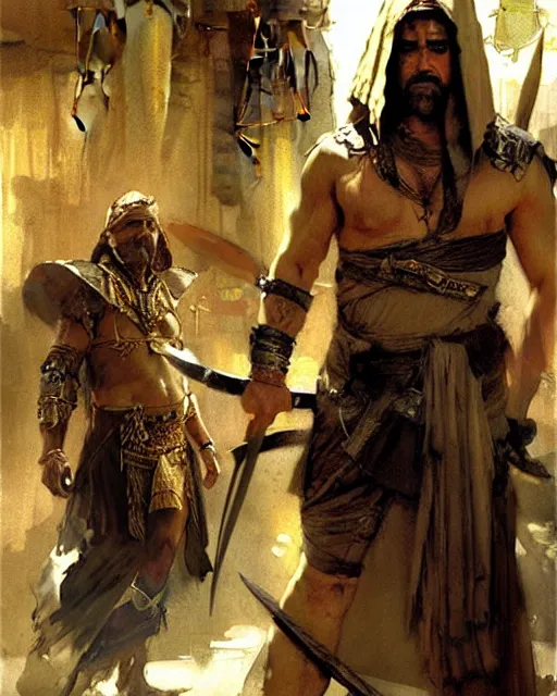 Image similar to fantasy concept art by anders zorn and craig mullins depicting colin farrell as an ancient egyptian rogue standing in a busy oriental market