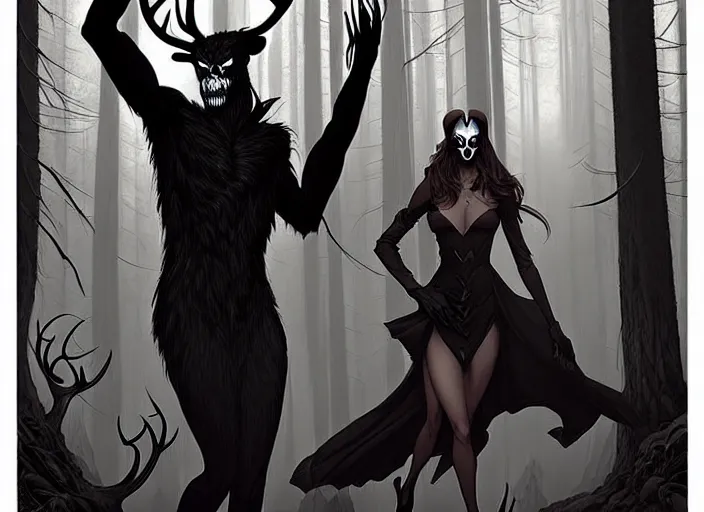 Image similar to style artgerm, joshua middleton, steve niles, diego fazio, j. c. leyendecker : : scary wendigo with antlers and skull face mixed with werewolf : : [ beautiful witch wearing a black dress, symmetrical face, on the right side ] : : in the forest, detailed, dark and foggy, cinematic lighting