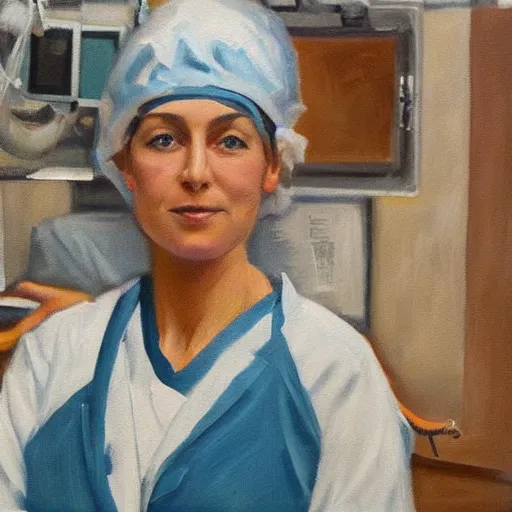 Prompt: oil painting of a female surgeon in the operating room, operating