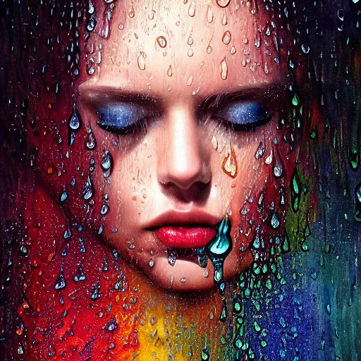 Prompt: dramatic portrait of revelation in uniquely colored rain with wet hair and face, liquid drops, epiphany, bliss, fantasy, intricate, elegant, dramatic lighting, highly detailed, lifelike, photorealistic, digital painting, artstation, concept art, smooth, sharp focus, illustration, art by John Collier and Albert Aublet and Krenz Cushart and Artem Demura and Alphonse Mucha