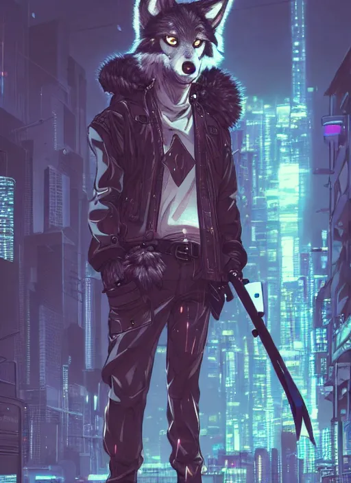 Image similar to character portrait of a male anthro wolf fursona with a tail and a cute beautiful attractive detailed furry face wearing stylish cyberpunk clothes in a cyberpunk city at night while it rains. hidari, color page, tankoban, 4K, tone mapping, Akihiko Yoshida.