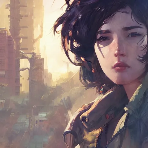 Image similar to fallout 5, charismatic beautiful rugged brunette female protagonist, portrait, outdoors tropical cityscape, atmospheric lighting, painted, intricate, volumetric lighting, beautiful, daytime, sunny weather, few clouds, sharp focus, deep colours, ultra detailed, art by krenz cushart and wenjun lin