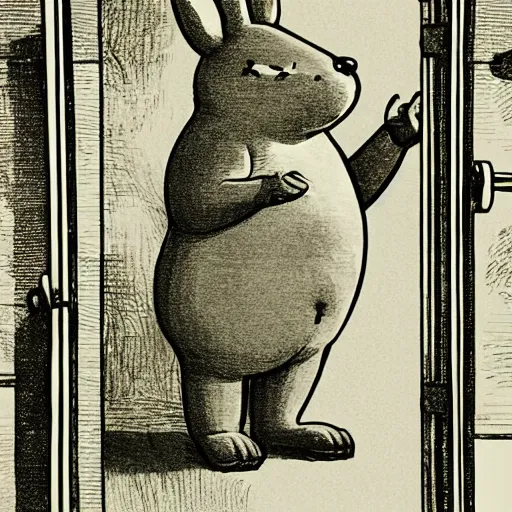 Prompt: Grainy vintage illustration of big chungus in real life on a subway train hunting the viewer for sport, full body portrait, hyper-realism