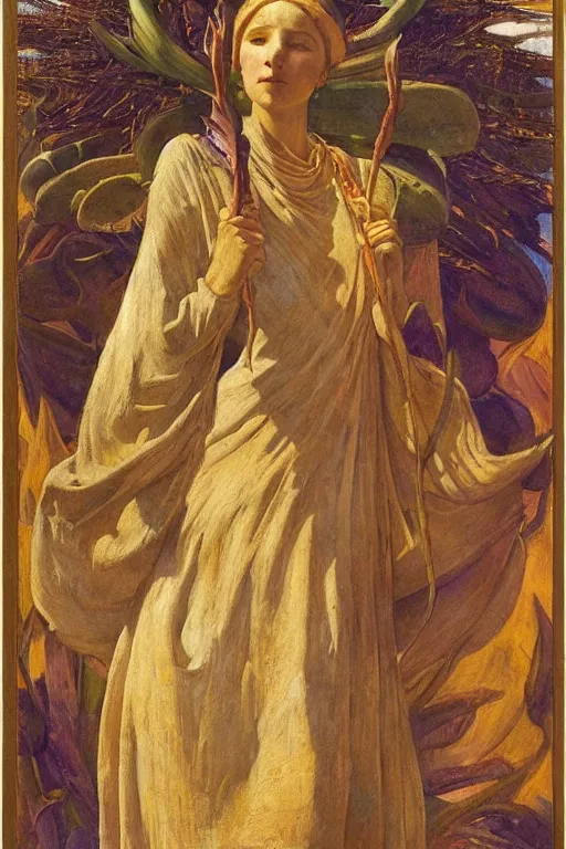 Image similar to queen of the plains with her harvest by Annie Swynnerton and Nicholas Roerich and jean delville, strong dramatic cinematic lighting , ornate headdress , flowing robes, lost civilizations, smooth, sharp focus, extremely detailed