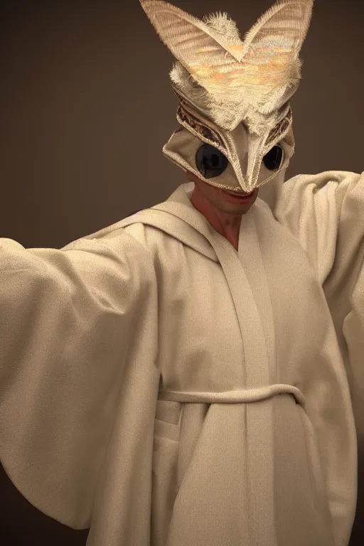 Prompt: man dressed in ceremonial robes resembling a moth, extremely detailed, photo - realistic, 8 k,