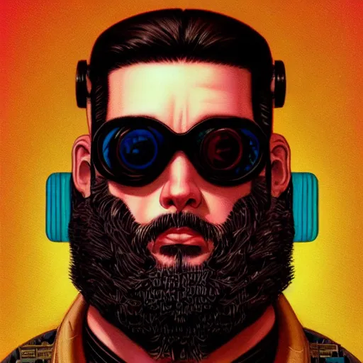 Prompt: Lofi vaporwave cyberpunk portrait bearded man, Pixar style, Tristan Eaton, Stanley Artgerm, Tom Bagshaw