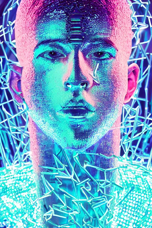 Image similar to hyper detailed ultra sharp portrait of baroque and bladerunner delicate neon diamond sculpture of seductive albino pharaoh nick jonas, diamond sphinx blue iridescent humanoid deity wearing metallic hoody made out of hands holding the sun prismatic dungeon, glowing blue face, crown of white diamonds, cinematic lighting, photorealistic, octane render 8 k depth of field 3 d