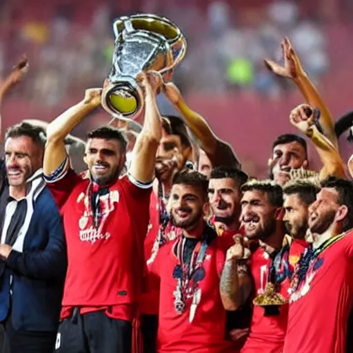 Prompt: fc mallorca players lifting a champions league trophy