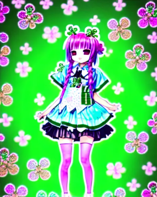 Image similar to a hologram of decora styled green haired yotsuba koiwai wearing stylish gothic lolita clothes, background full of lucky clovers and shinning stars, holography, irridescent, baroque visual kei decora art